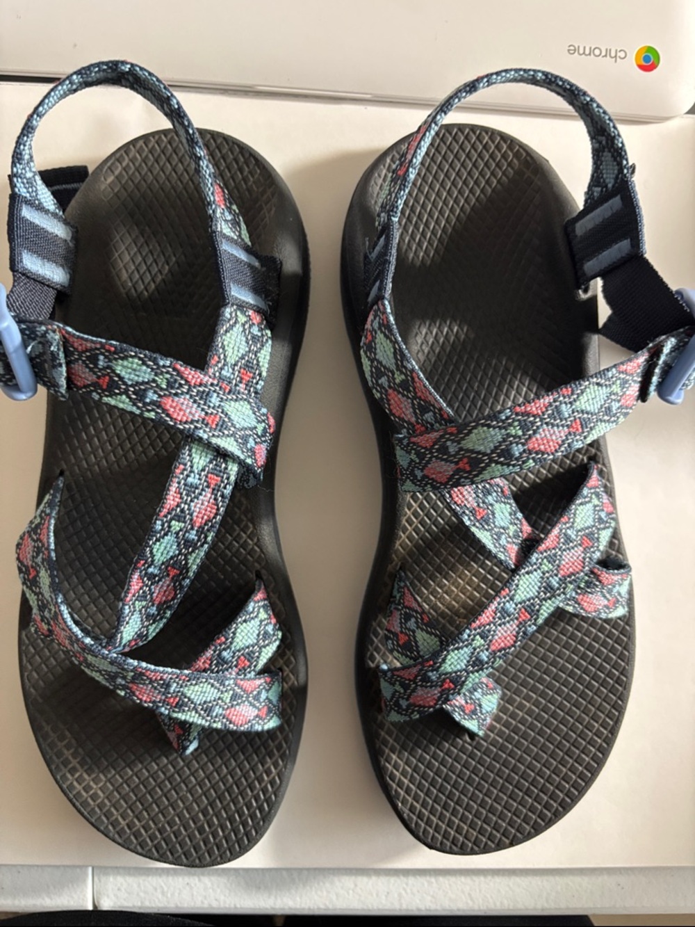 Chaco Women's Strappy Sandals in Black with Teal and Pink Pattern